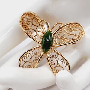 Vintage Gold Filled Butterfly Brooch Green Gemstone Center 1-20 14K GF
